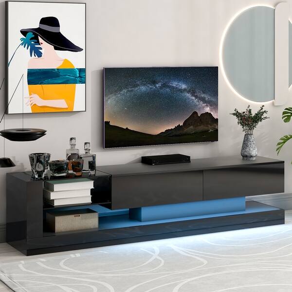 Black Modern TV Stand with 16color RGB LED Strip Lights (Fits 75" TV